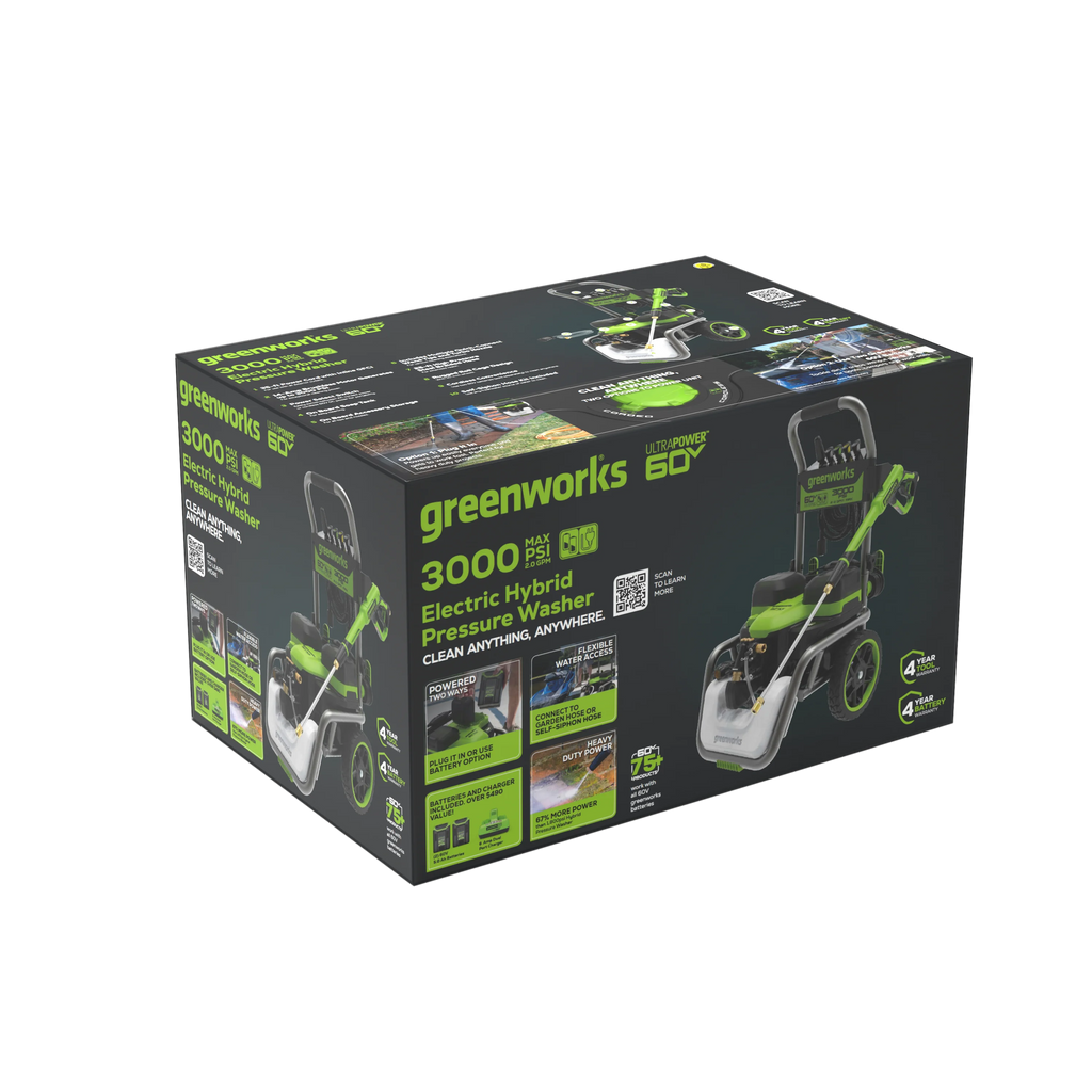 Greenworks Hybrid 60V 3000 MAX PSI at 2.0 GPM MAX Electric Pressure Washer + (2) 5.0Ah Batteries & Dual-Port Charger 5128202
