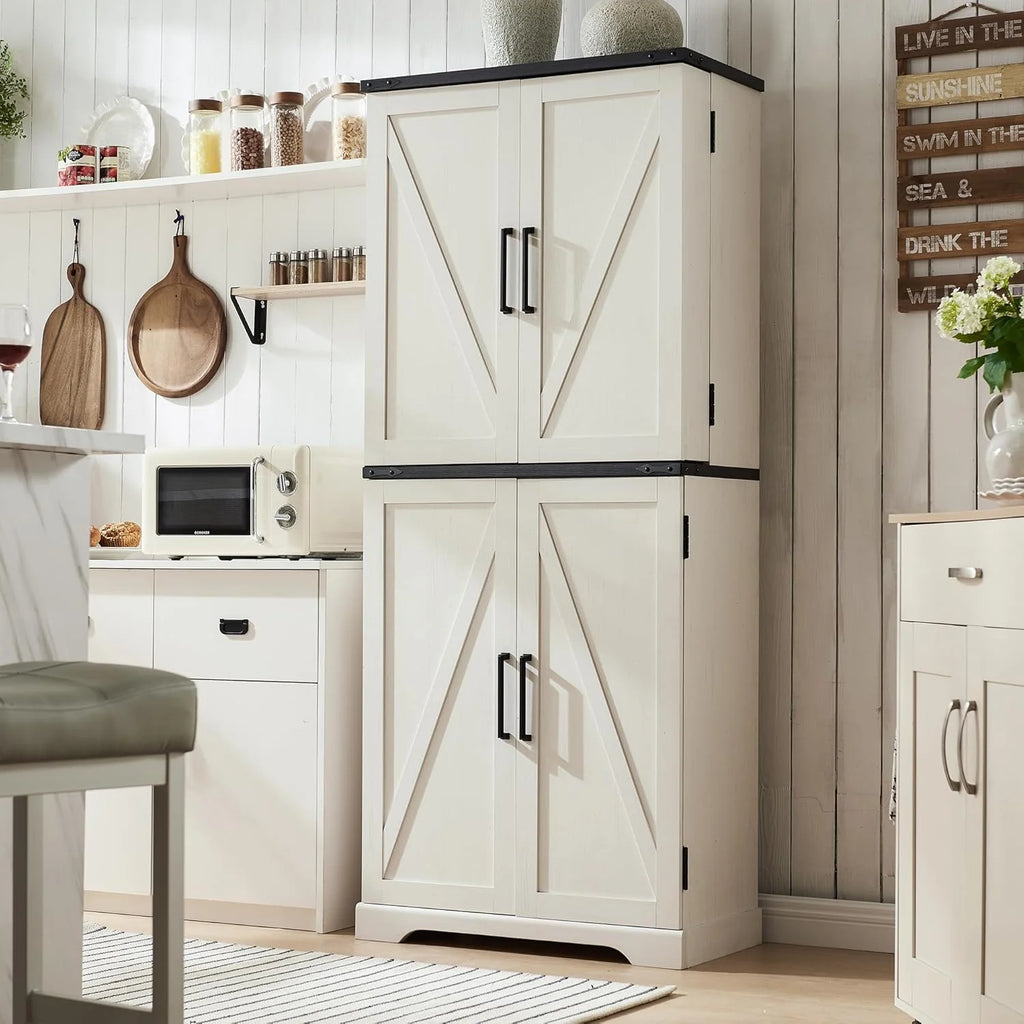 47" Kitchen Pantry, Farmhouse Storage Cabinet with Barn Doors, Organizer and Adjustable Shelves, Rustic Wood Cupboard for Kitchen, Dining Room, Bathroom and Hallway, Black