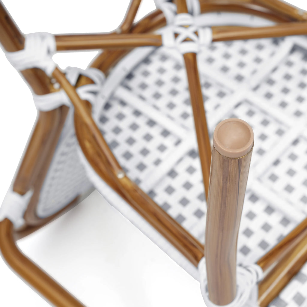Merrick Lane Stacking Thonet French Bistro Style Chair with Arms, Black & White PE Rattan Seat, and Bamboo Finished Metal Frame for Indoor/Outdoor Use