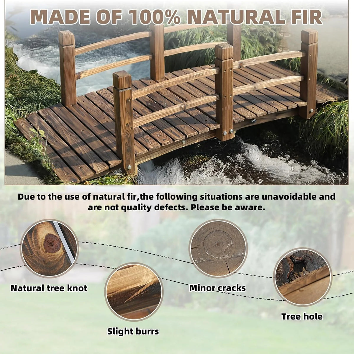 Wooden Garden Bridge Classic Wood Arch Stained Finish Footbridge with Safety Railings, 530 lbs Capacity, Decorative Pond Bridge Landscaping for Outdoor Garden Backyard Creek Farm, Carbonized
