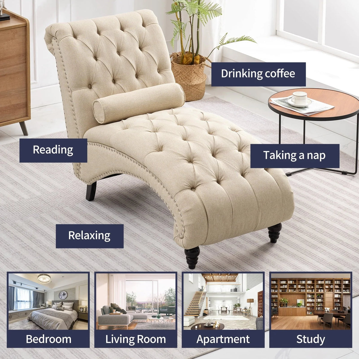 ZAFLY Chaise Lounge Indoor, Lounge Chair with Wood Legs, Leisure Accent Chair, Upholstered Lounge Couch for Bedrooom/Living Room, Beige