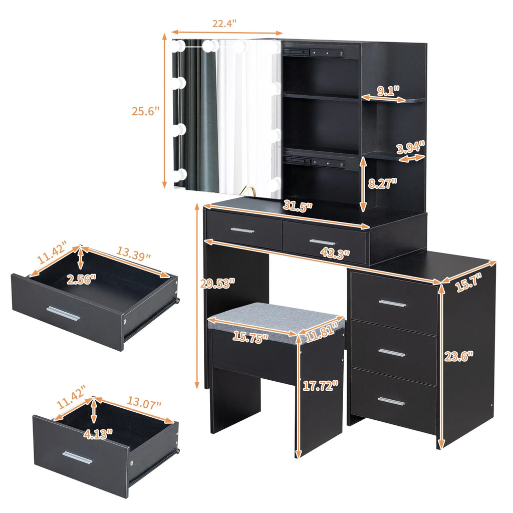 Ktaxon Flutted Makeup Vanity Table Set with 5 Drawer, Dressing Table w/Charging Station, Vanity Desk for Femal Gift, White