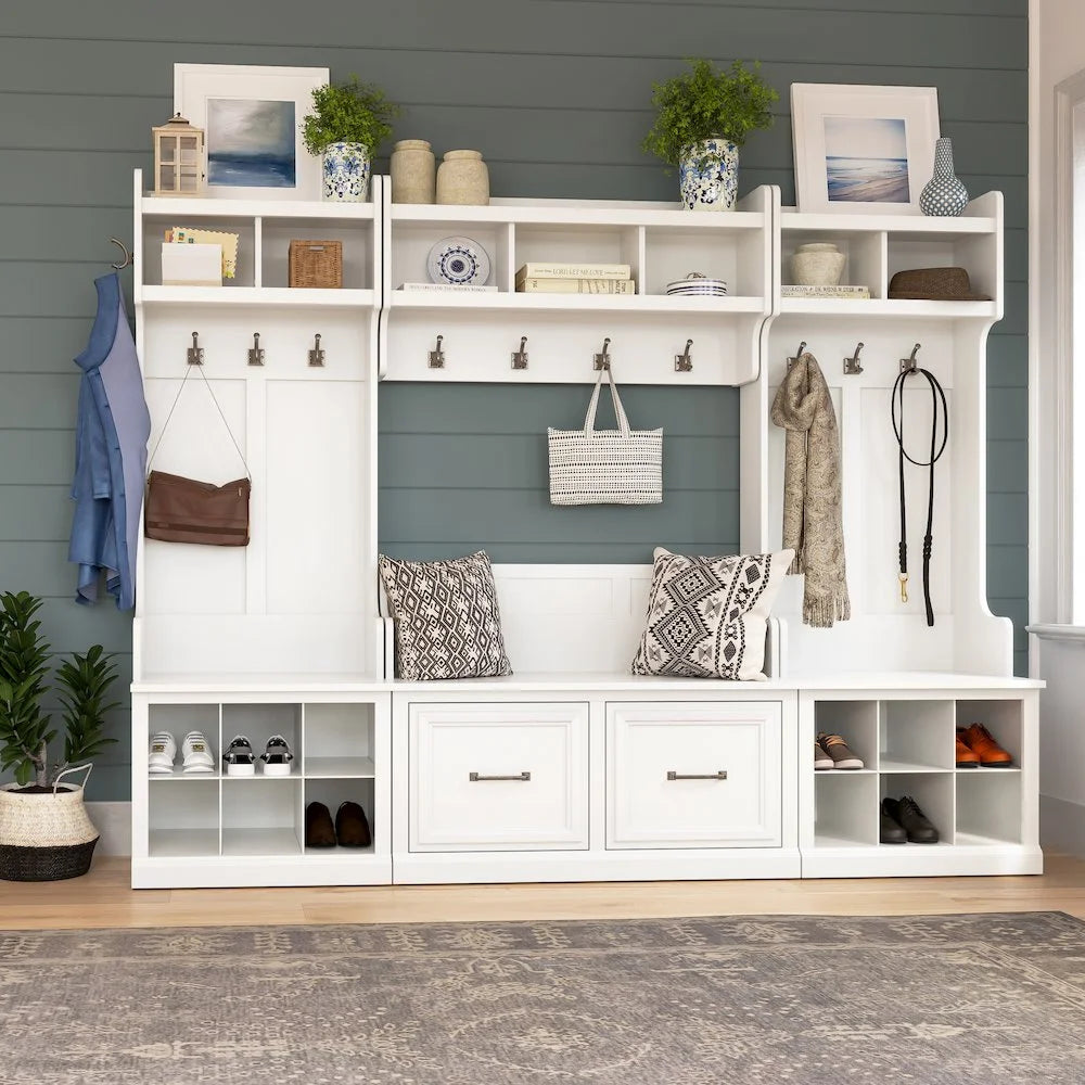 Woodland 40W Hall Tree and Shoe Bench with Shelves in Gray - Engineered Wood