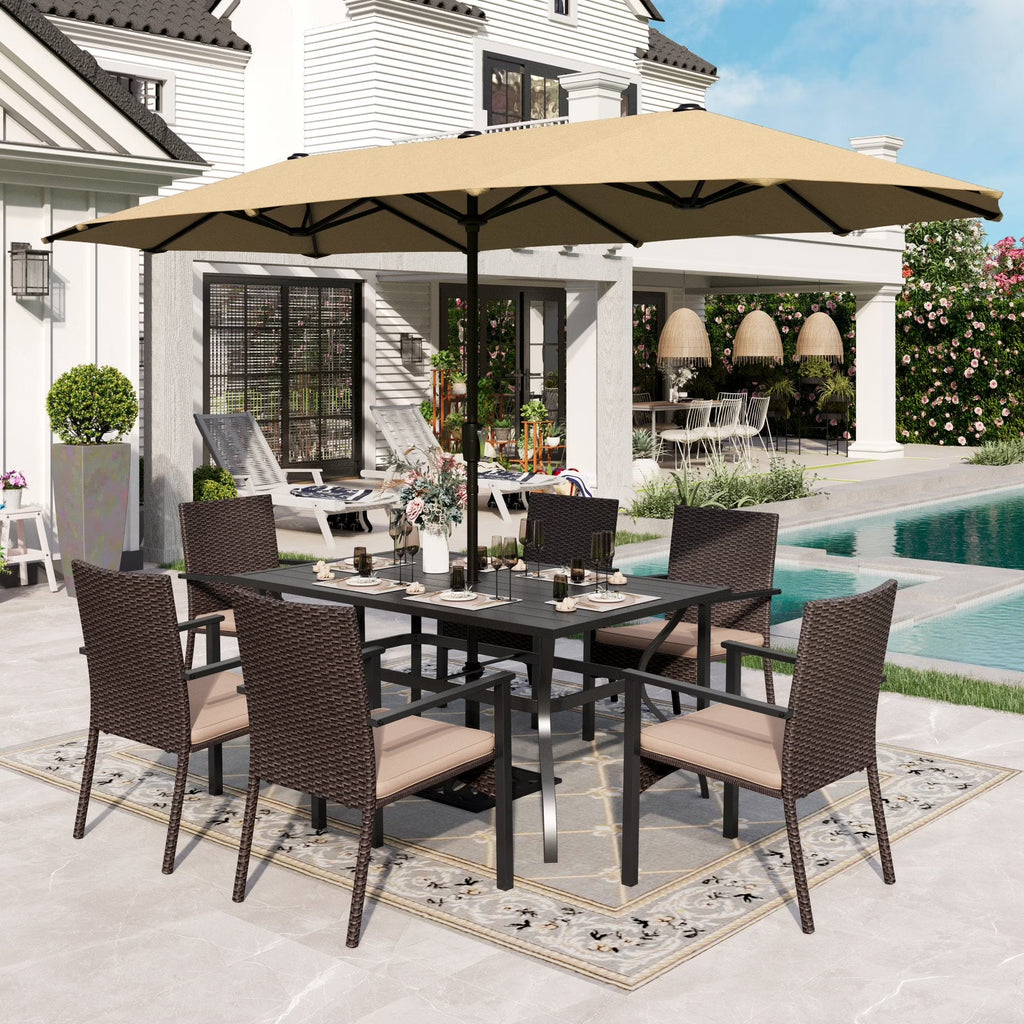 Alpha Joy 8-Piece Outdoor Patio Dining Set with 13 ft Umbrella, Rattan Chairs & Rectangle Table Set for 6, Beige Umbrella