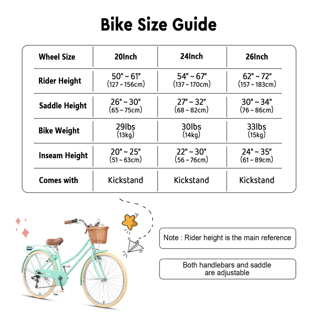 Glerc Missy 24" Girls Cruiser Bike 6-Speed Women's Hybird Bicycle for Ages 7-11 Years, Mint Green