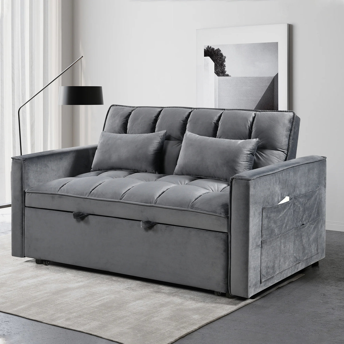 BINBANK Black Velvet 3-in-1 Convertible Sleeper Sofa Bed a?? USB Charging, Adjustable Backrest Pull-Out Futon Loveseat Couch for Living Room, Apartment & Small Space