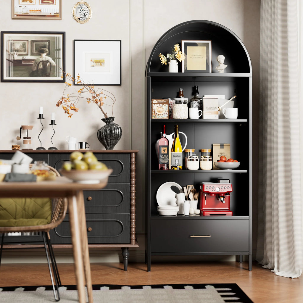 SUPEER Metal Arched Storage Display Cabinet with Glass Doors and Adjustable Shelves, Lockable Cabinet, Assembly Required, Black