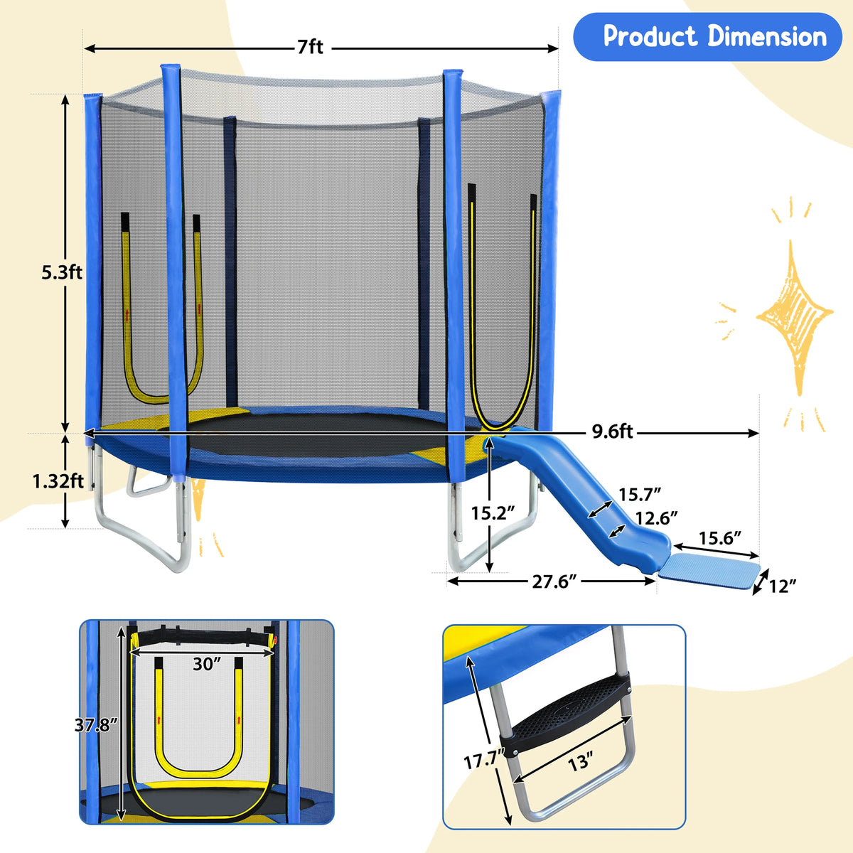 EUROCO  7FT Kids Trampoline with Safety Enclosure Net, Indoor Outdoor Trampoline with Slide,Ladder,Spring Pad,All-Weather Trampolines