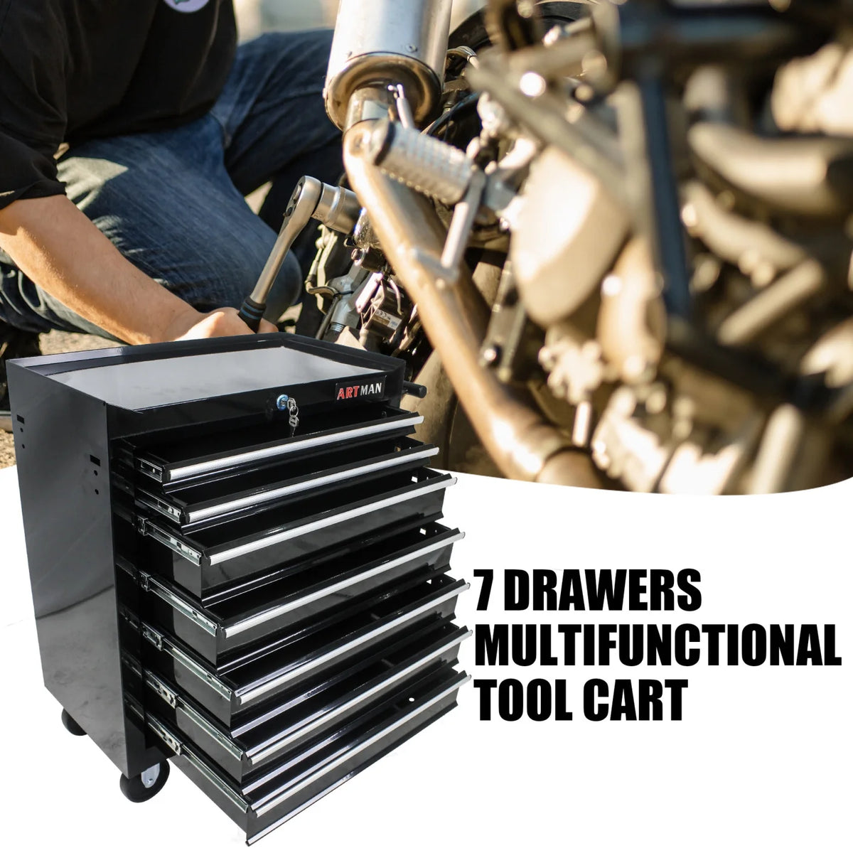 7-Drawer Rolling Tool Chest, Metal Tool Storage Organizer Cart with Locking System and Wheels, Multifunctional Mechanic Tool Cart for Garage, Warehouse, Workshop, Repair Shop, Red