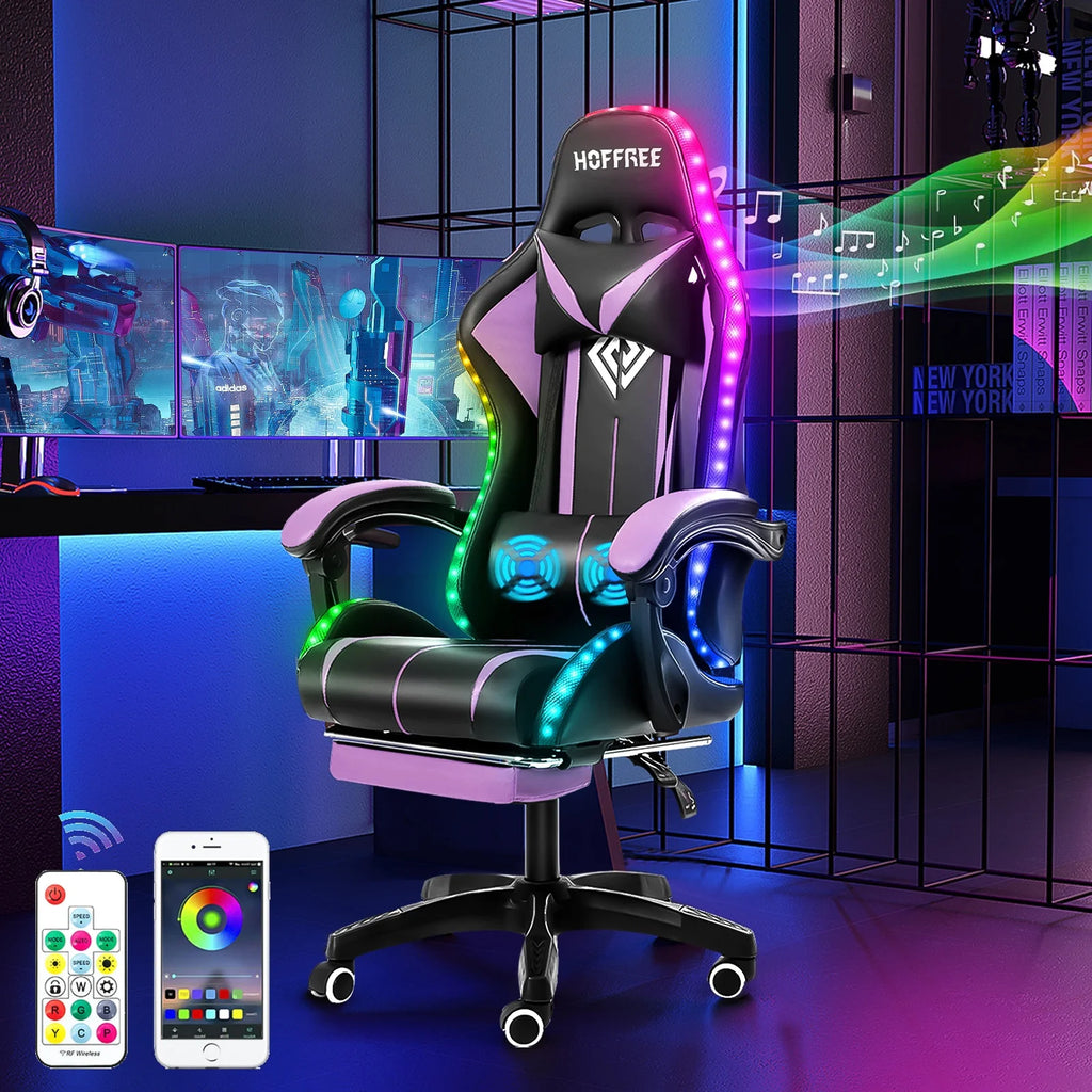 Hoffree Gaming Chair with Bluetooth Speakers and Footrest Massage Office Chair with LED Lights Ergonomic Game Chair High Back with Lumbar Support and Headrest Adjustable Swivel for Adults 300lb
