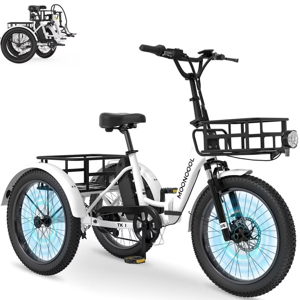 MOONCOOL TK1 Folding Electric Tricycle for Adults,48V 14.5Ah Removable battery, 500W��Peak 1000w��Motor, 20" Fat Tire Step-Thru 3Wheel Electric Bicycle w/Front&Rear Baskets, Certified to UL 2849 by SGS