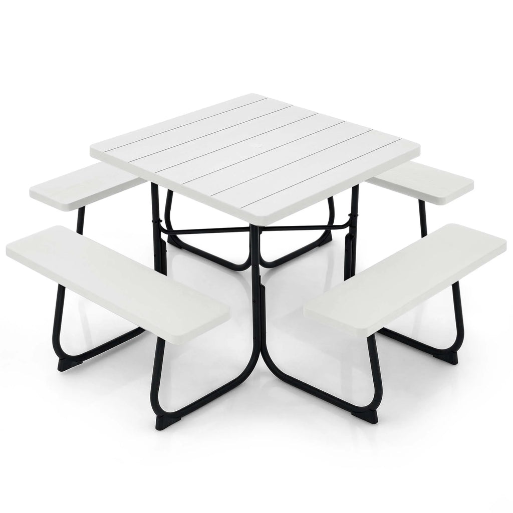 Costway Outdoor 8-person Square Picnic Table Bench Set with 4 Benches & Umbrella Hole White