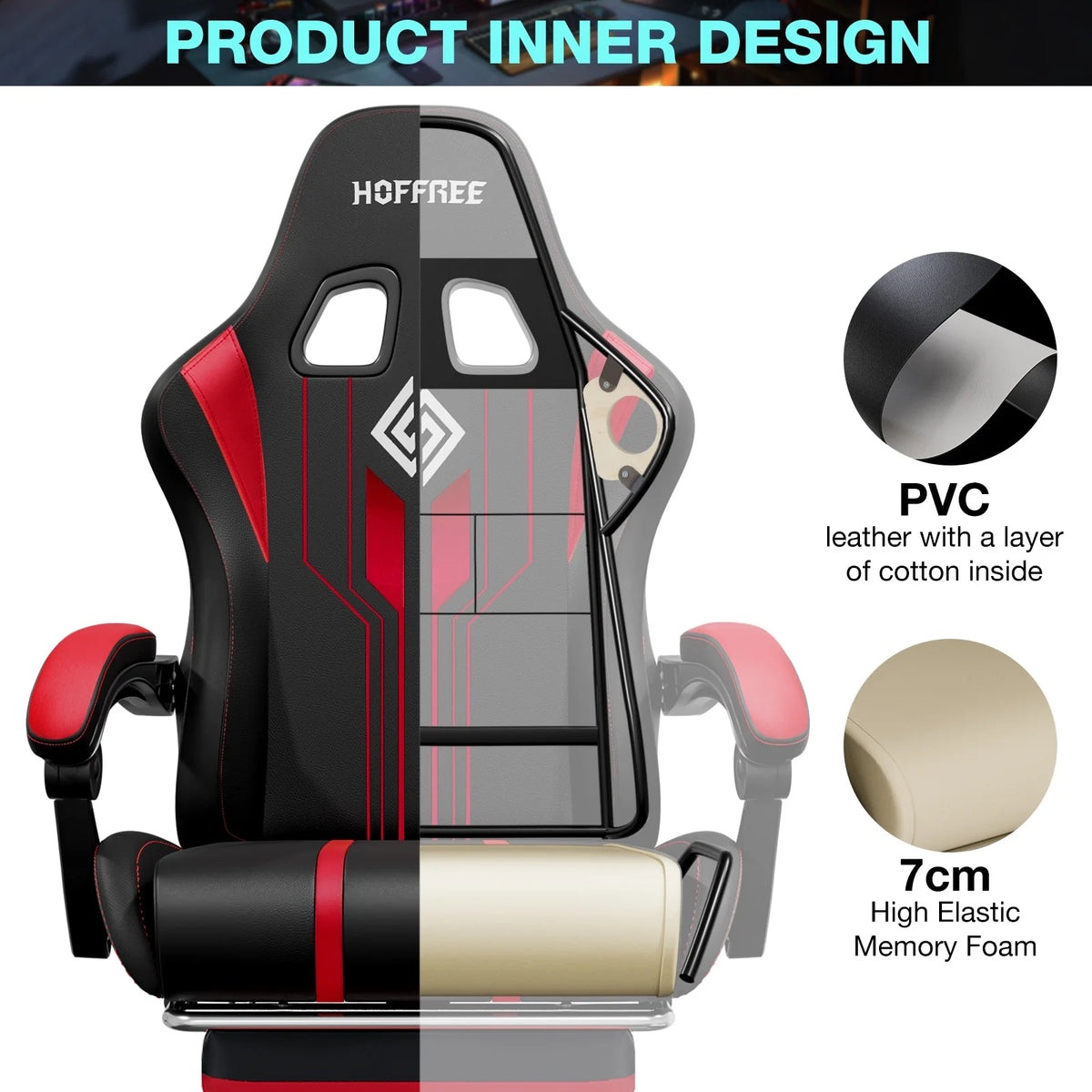 HOFFREE Big and Tall Gaming Chair with Speakers and RGB Lights, Gamer Chair with Footrest, Lumbar Support Height Adjustable 360-Swivel Seat and Headrest for Adults, 400lbs