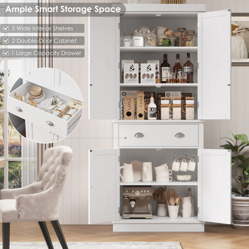 Homfa 72.4'' Tall Kitchen Pantry with 4 Doors, Large Drawer Shelves Wood Pantry Storage Cabinet for Dining Room Living Room, White