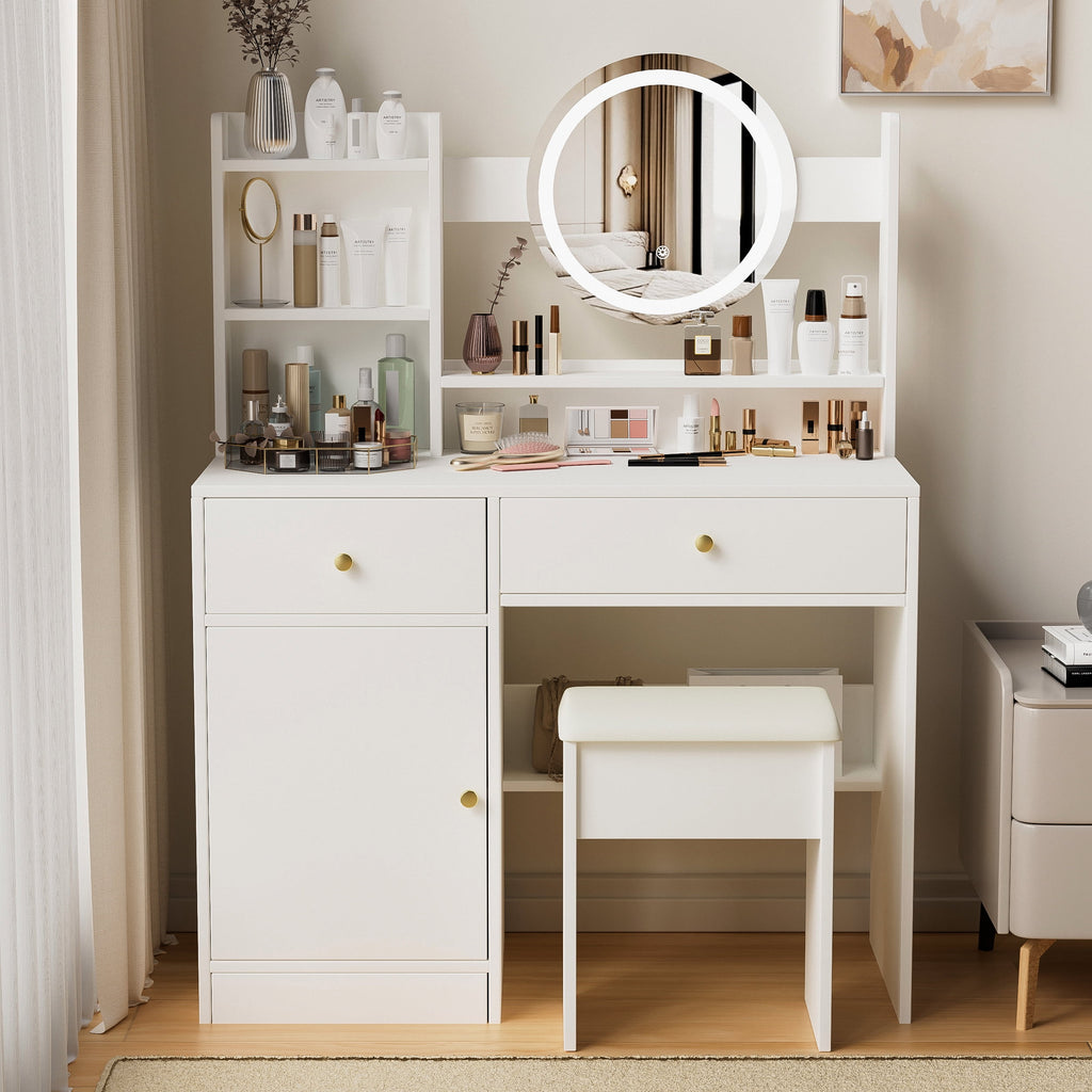 Montary Modern Mini Vanity w/Adjustable LED Mirror + Hidden Storage, Padded Stool & Dustproof Shelves (White)