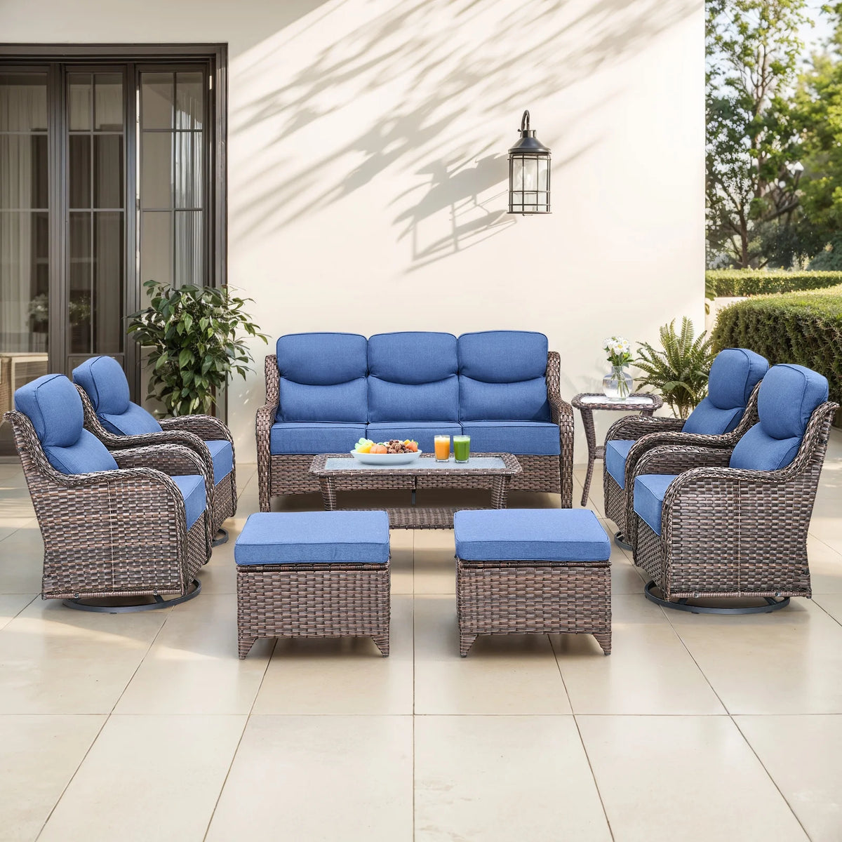 Bellefurn Luxury Outdoor Patio Furniture Set,Swivel Rocker Patio Chairs with 6-inch Thick Cushion,Patio Sofa and Glass Coffee Table,Outdoor Conversation Set for Porch, Deck, Yard