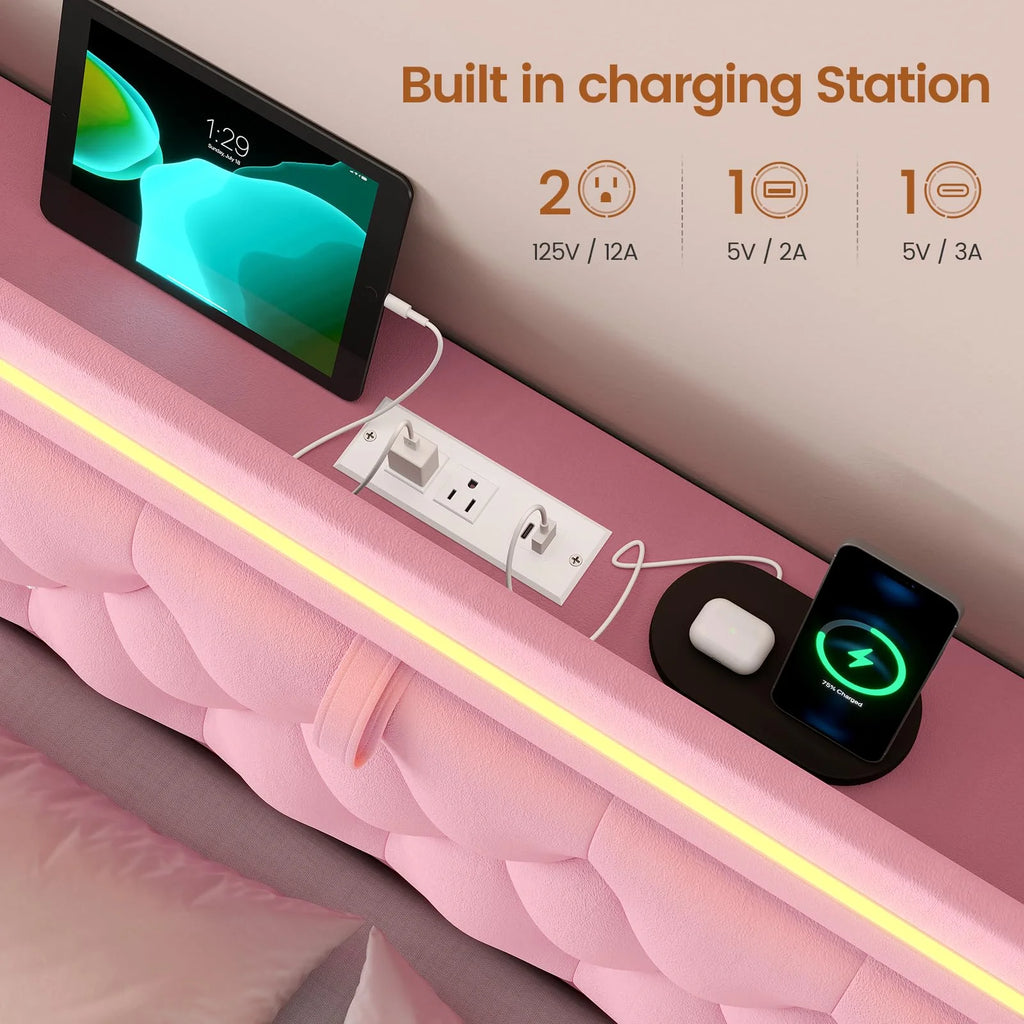 Platform Bed Twin Size with Storage Drawers and Headboard,, Twin Size Velvet Upholstered Bed with RGB Lighting and Power Outlet, No Box Spring Needed, Noise-Free, White