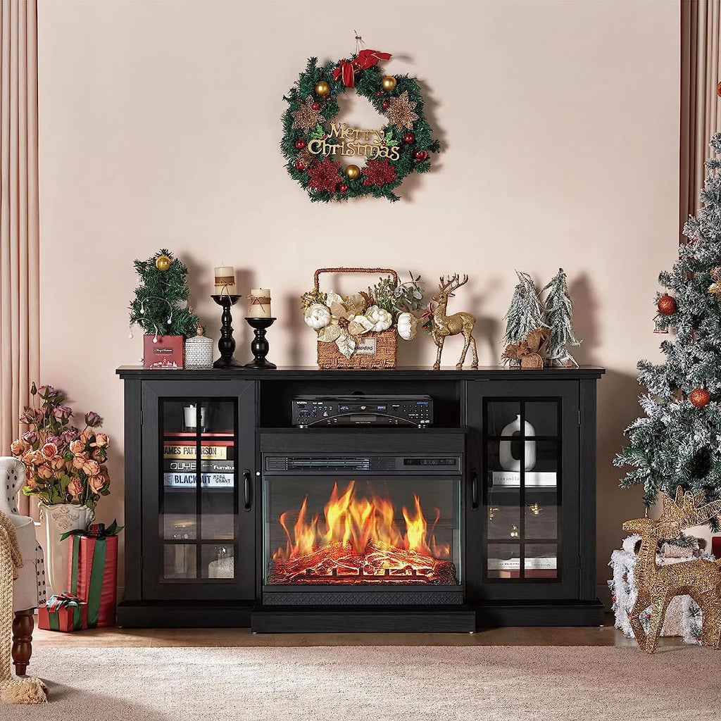 Merluxy 75in 3-Sided Glass Fireplace TV Stand for TVs up to 85", Distressed White