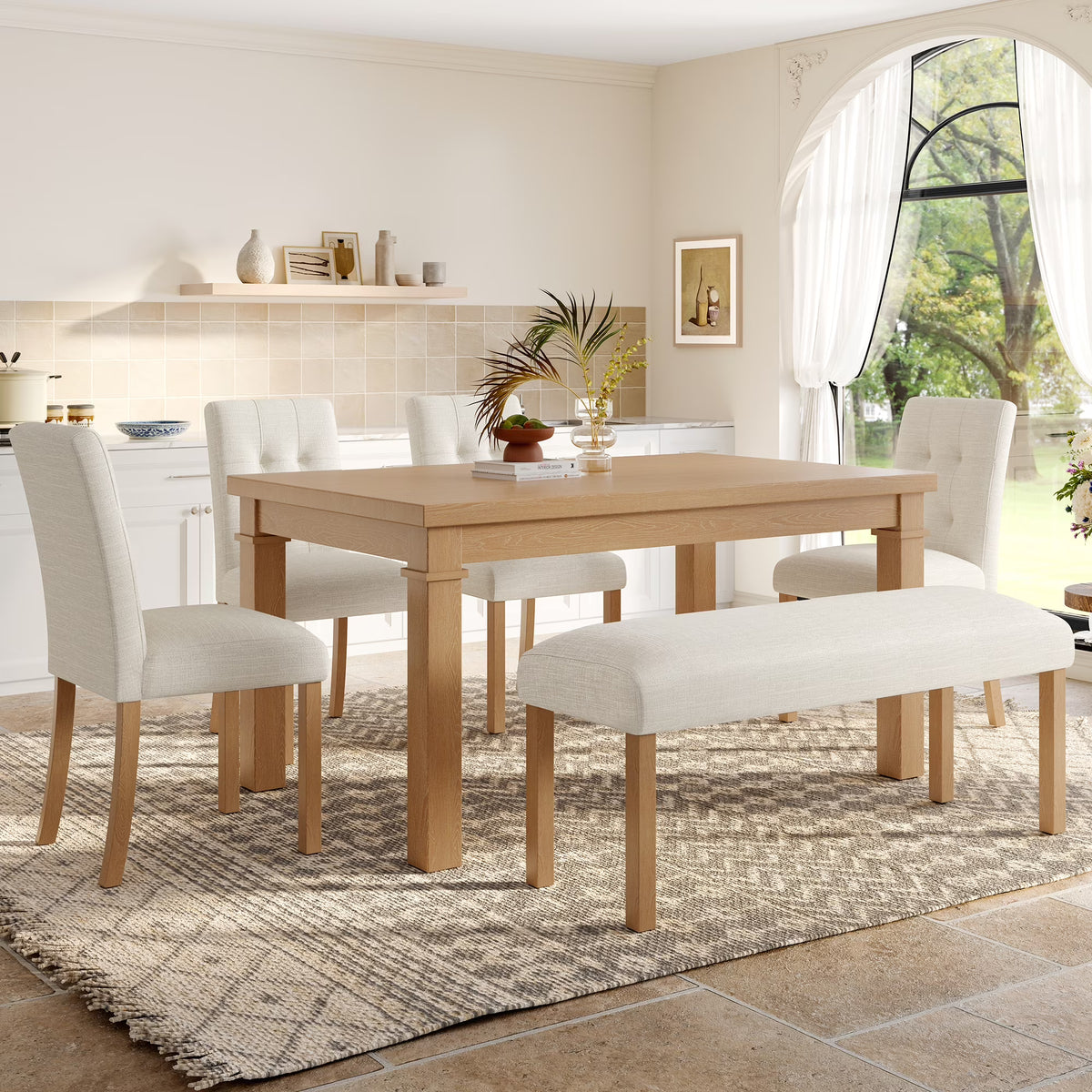 Euroco 6-Piece Wood Dining Table Set for 6, Modern Rectangular Kitchen Table with 4 Upholstered Chairs & Bench for Kitchen Dining Room,Walnut