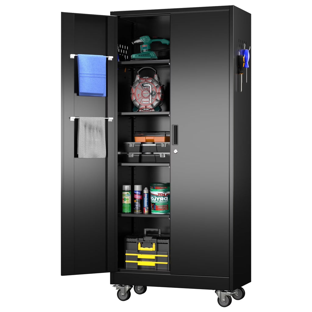 SUPEER 71" Metal Storage Cabinets with Wheels and Pegboards, Industrial Cabinet with 2 Drawers and 2 Adjustable Shelves,, Assembly Required