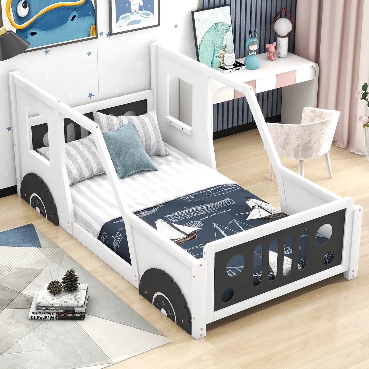 Euroco Car-Shaped Full Size Wood Platform Bed for Kids�� Bedroom, Solid Car Bed for Kids Gift, Low Profile, Blue