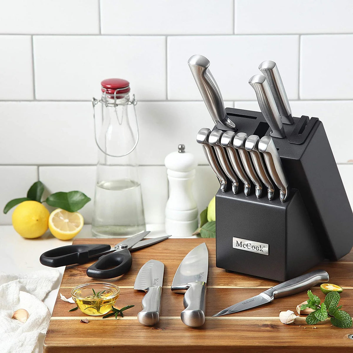 McCook MC29 Knife Sets, 15 Pieces German Stainless Steel Kitchen Knife Block Sets with Built-in Sharpener