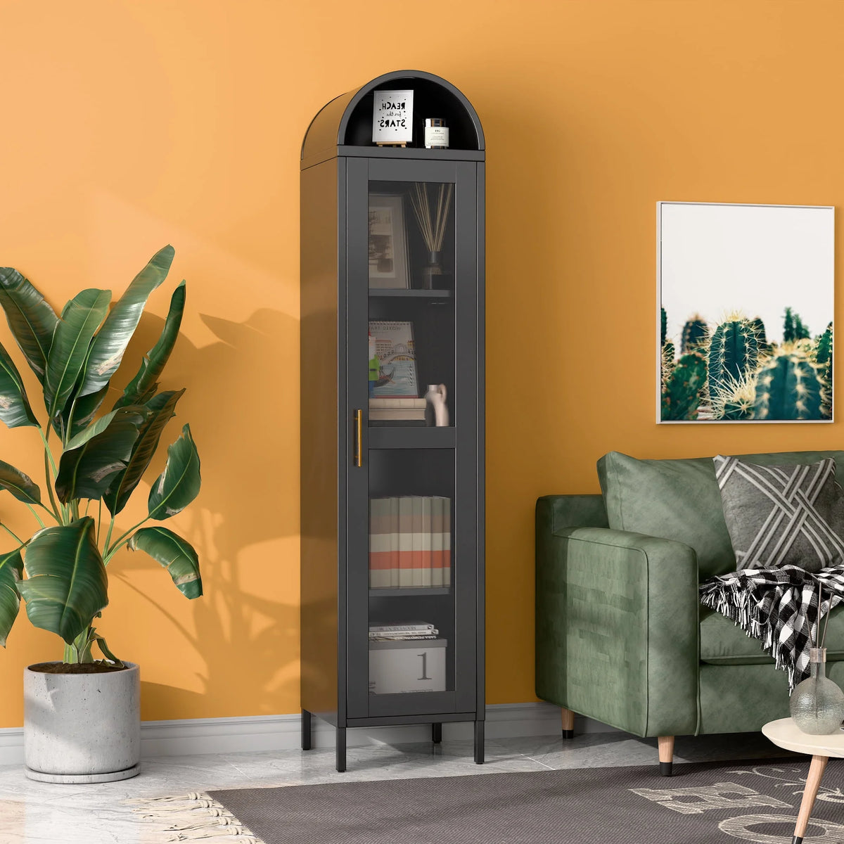 SUPEER Metal Arched Storage Display Cabinet with Glass Doors and Adjustable Shelves, Lockable Cabinet, Assembly Required, Black