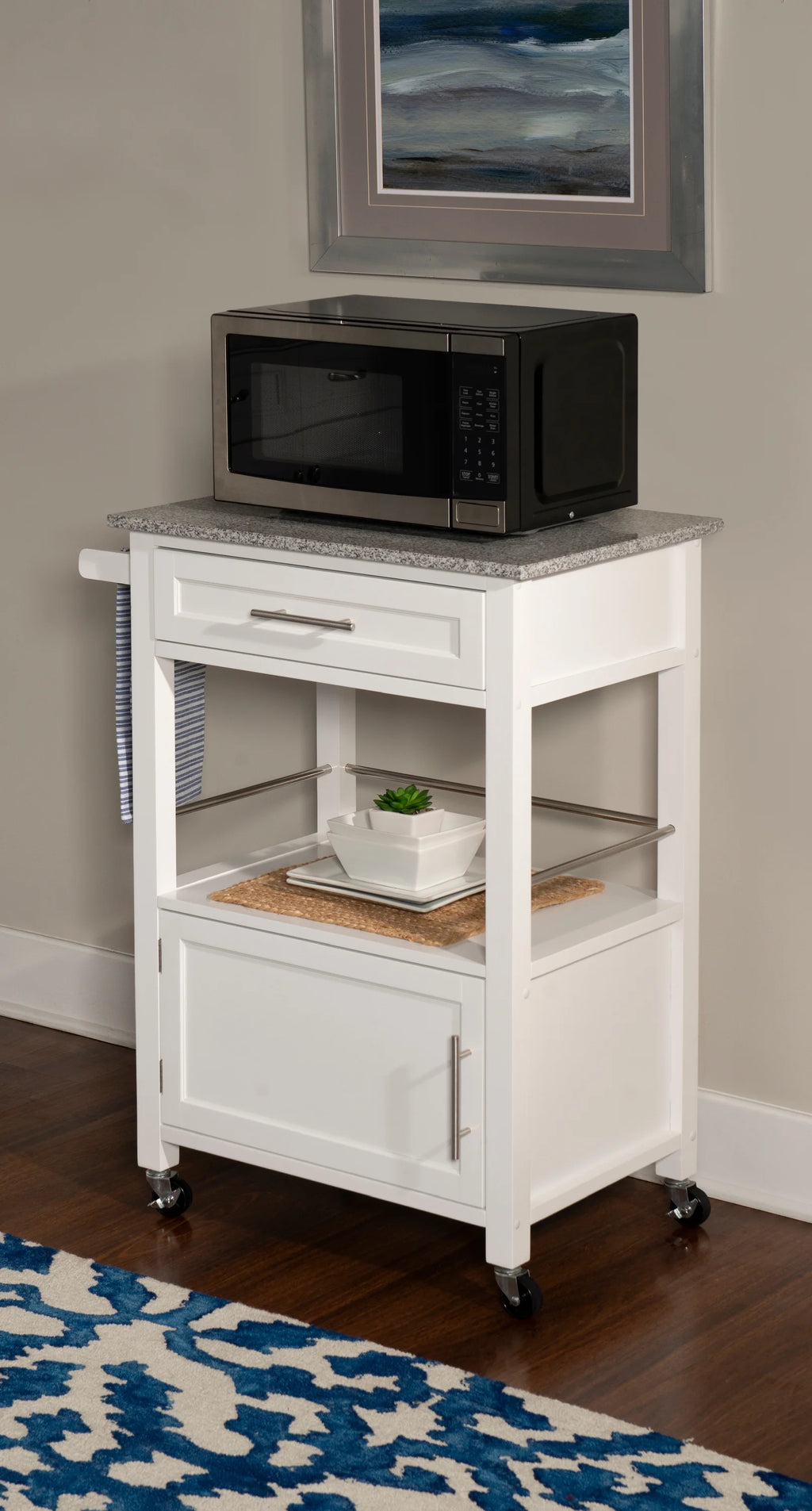 Linon Monett 2-Tier Mobile Serving Cart with Gray Granite Top, 27.75" Length, White