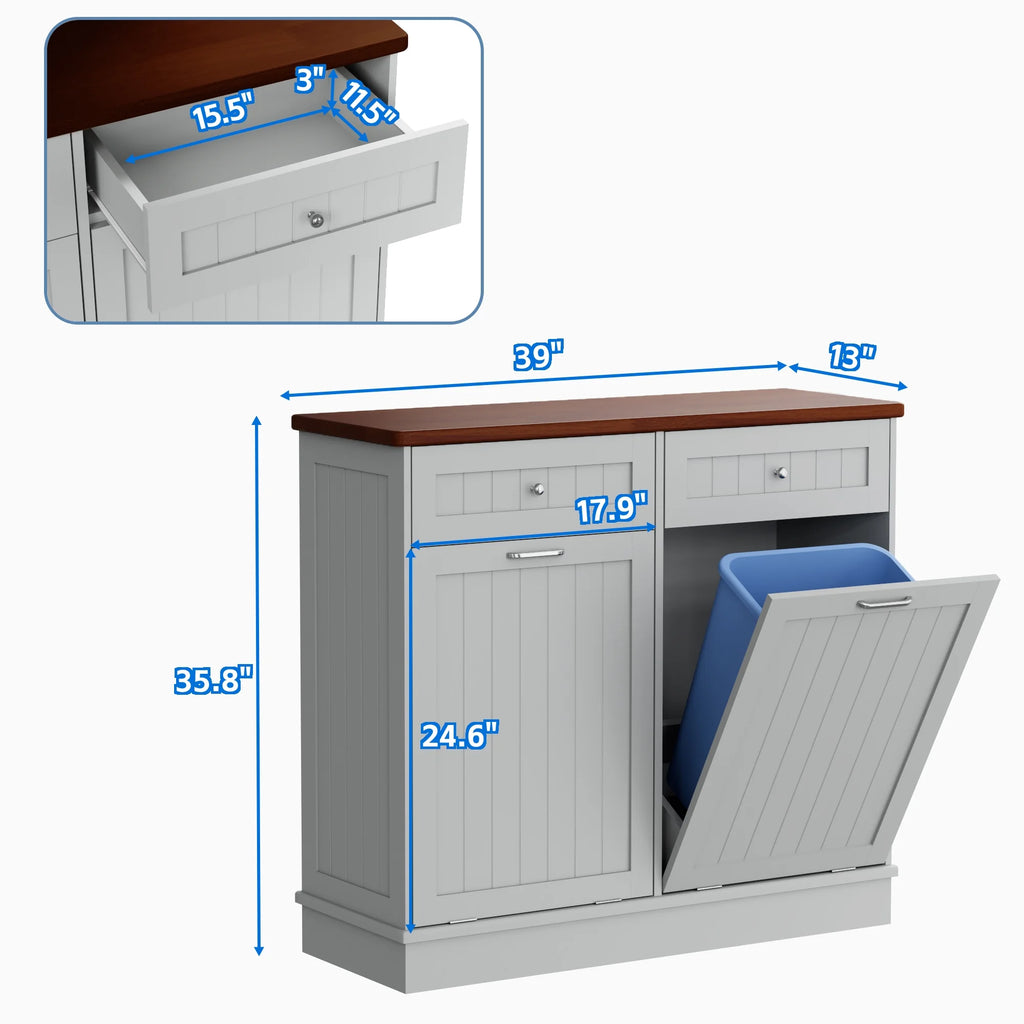 GETYES Double Tilt Out Trash Cabinet, Wooden Recycling Cabinet, 35.83 x 12.99 x 39.37 inches, White