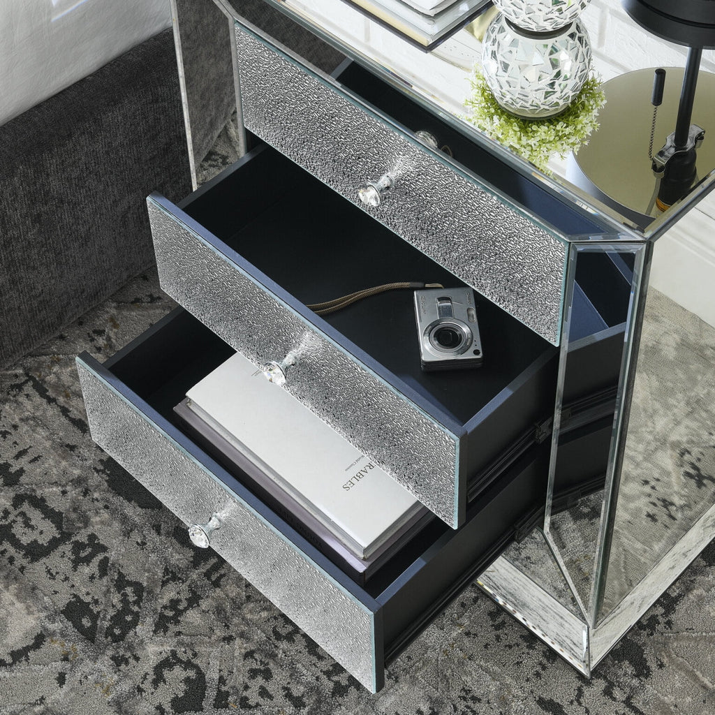 Elegant Mirrored Three-Drawer Cabinet with Diamond-Cut Glass Inlay Drawers, Space-Saving Storage Solution for Living Room, Bedroom, Entryway, Hallway or Sofa Side