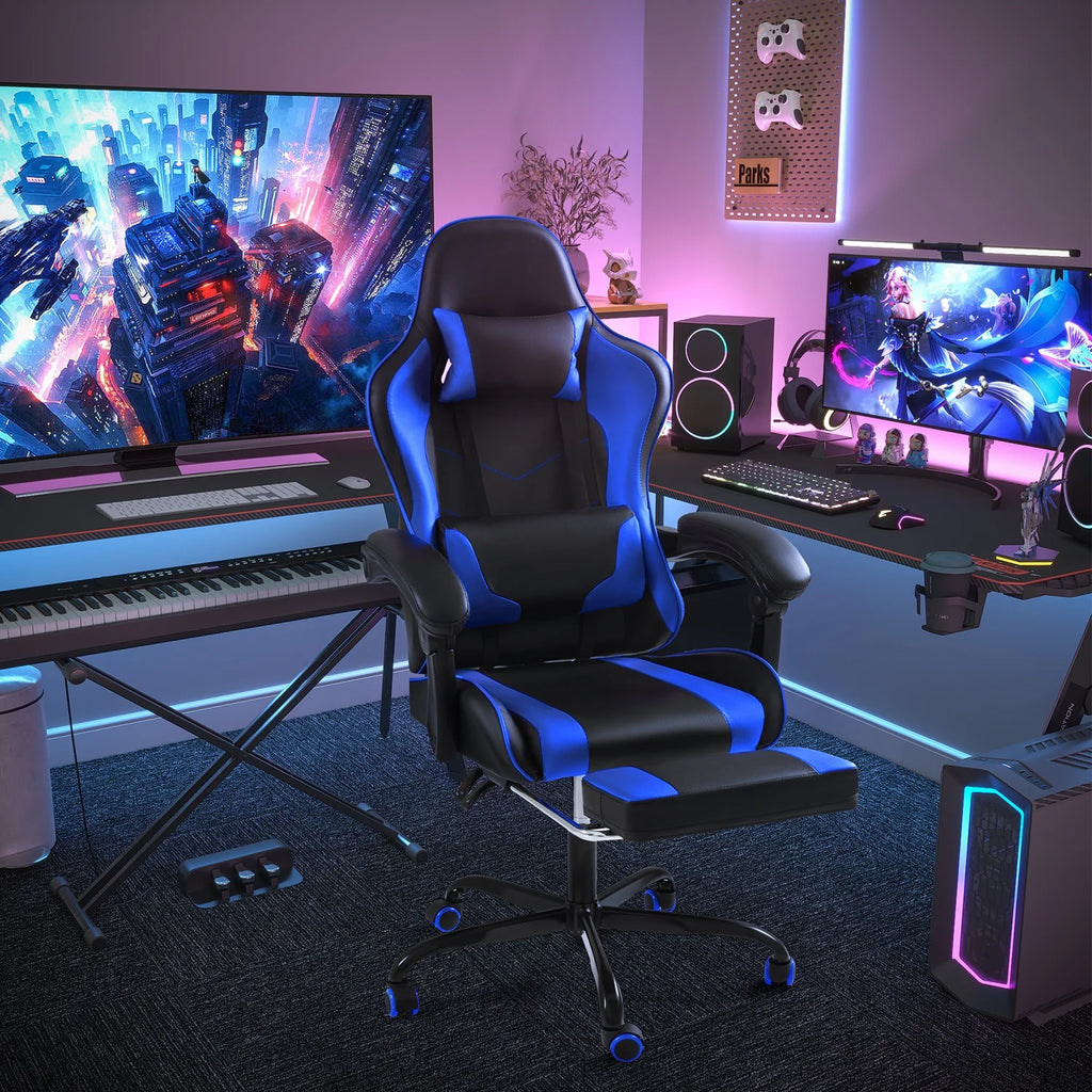 Lacoo PU Leather Gaming Chair Massage Ergonomic Gamer Chair Height Adjustable Computer Chair with Footrest & Lumbar Support, White