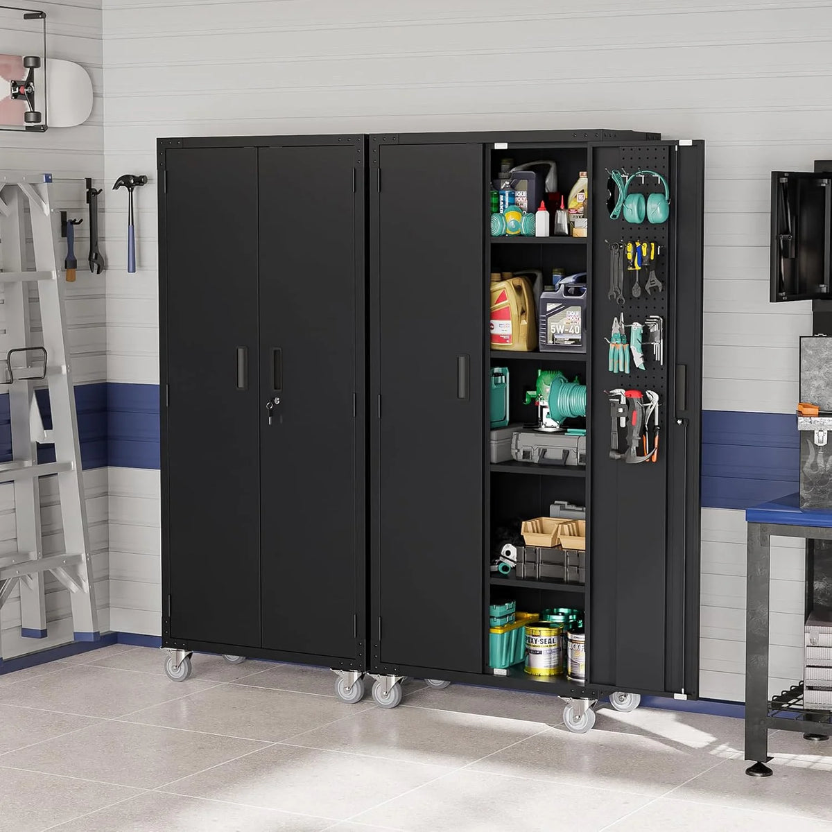 Ktaxon 72''H Garage Storage Cabinet with Pegboards, Metal Storage Cabinet with Wheels, Locking Doors and Adjustable Shelves, Black