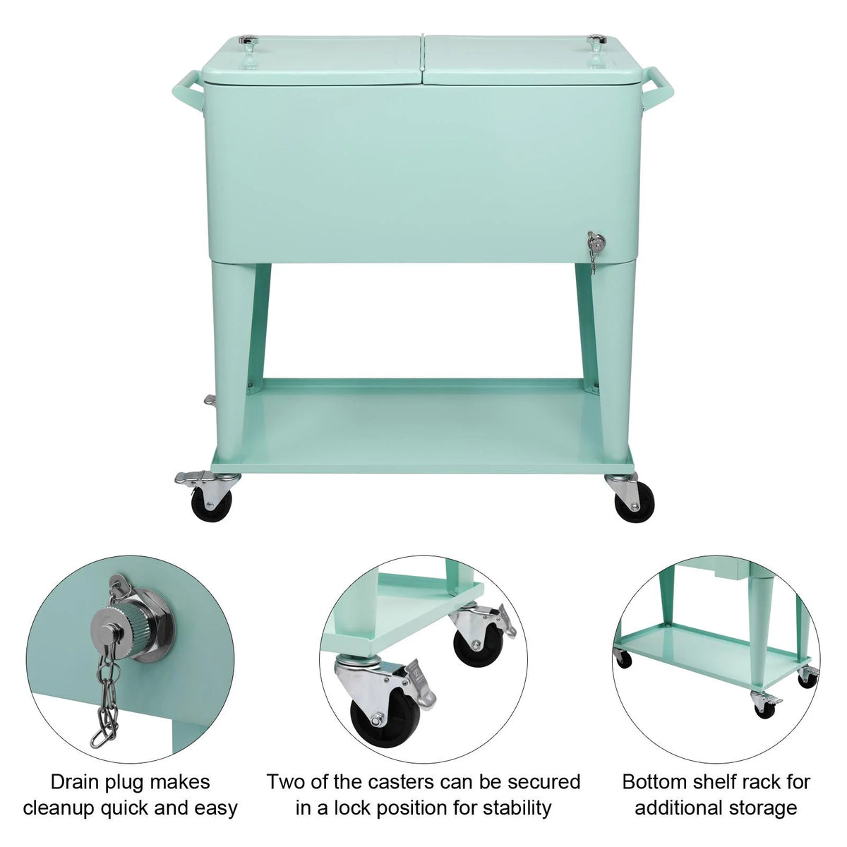 EasingRoom Iron Spray Plastic Patio Cooler Cart with Tray Cooler with Shelf Green