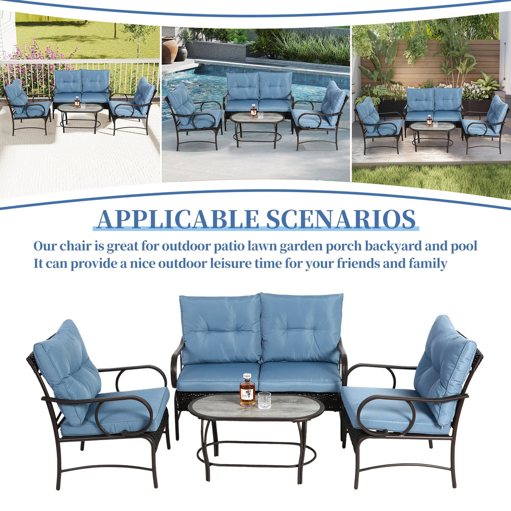 Patio Sofa Set, 4 Pieces Outdoor Sectional Furniture, All-Weather PE Rattan Wicker Patio Conversation Set, Cushioned Sofa Set with Coffee Table for Patio Garden Poolside Deck