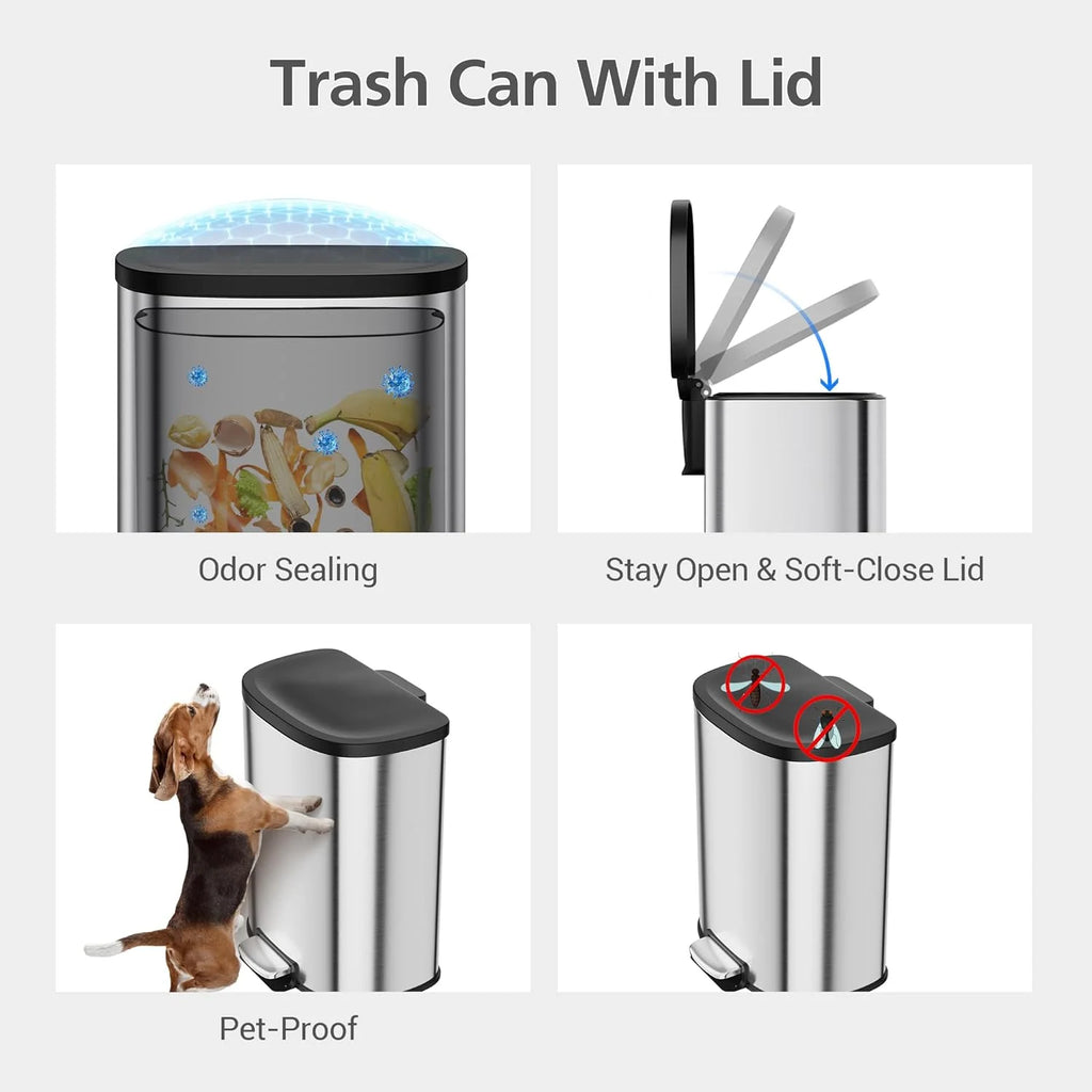 Garvee 13.2 Gal D-Shape Kitchen Trash Can with Lid, Smudge Resistant, Stainless Steel, Silver