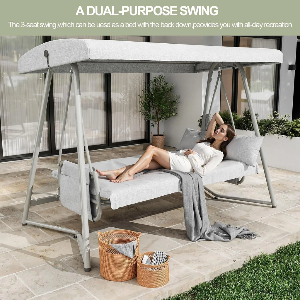 TQKVIPI Oversized 4 Person Outdoor Porch Swing with Adjustable Backrest Canopy,2-in-1 Swing Bed 800 lbs Capacity,Patio Swing with Removable Cushions for Yard Garden Poolside Balcony