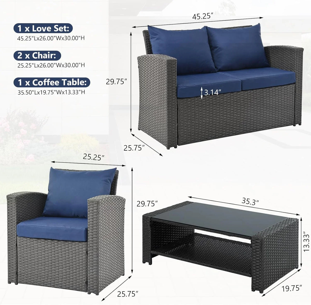 HighSound 4 Piece Patio Furniture Set, Outdoor Wicker Patio Sectional Sofa, All Weather PE Rattan Outdoor Sectional with Cushions & Coffee Table, Dark Gray