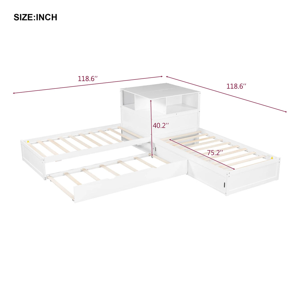 Euroco Pine Wood L-Shaped Twin Platform Bed with Storage Desk, Cabinets, Trundle and LED Light for Kids Teens, Gray