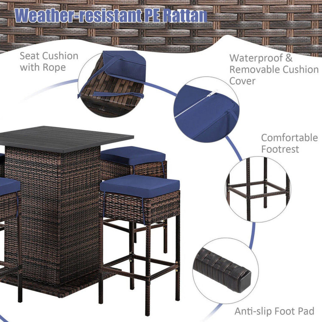 Kadyn Patio Conversation Table Chair Set, Outdoor Collection Set, 5 Pieces Patio Rattan Bar Table Stool Set Hidden Storage Shelf Cushioned-Navy