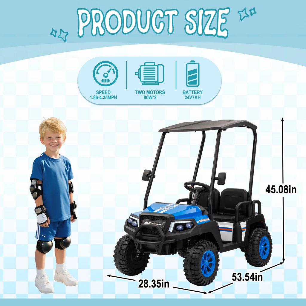 24V XL Kids Ride on Golf Cart, Electric Car w/Remote Control, Detachable Awning, 4 Seats, 3 Speeds, LED Lights, Spring Suspension, Bluetooth, Audio, Blue