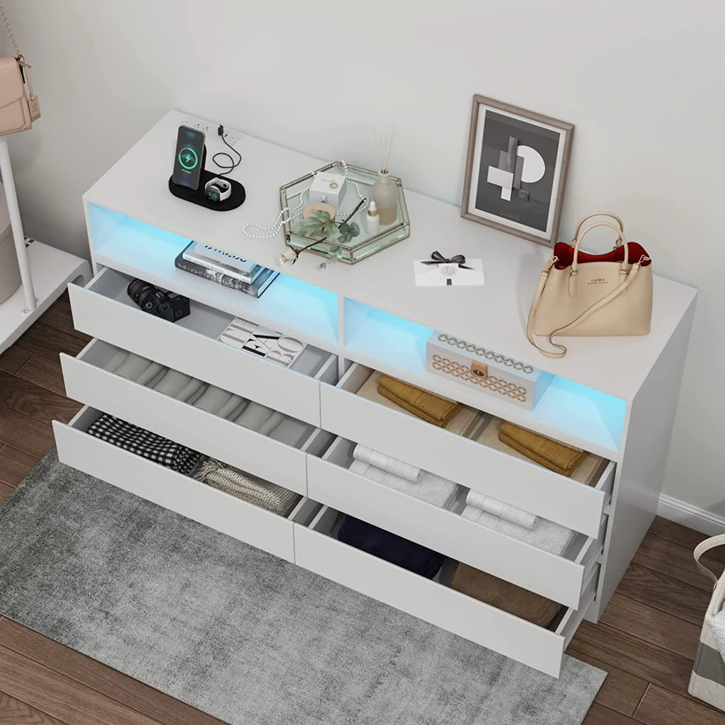 Gyfimoie 6 Drawer Double Dresser with Power Outlet, Accent Chests of Drawers with LED Light