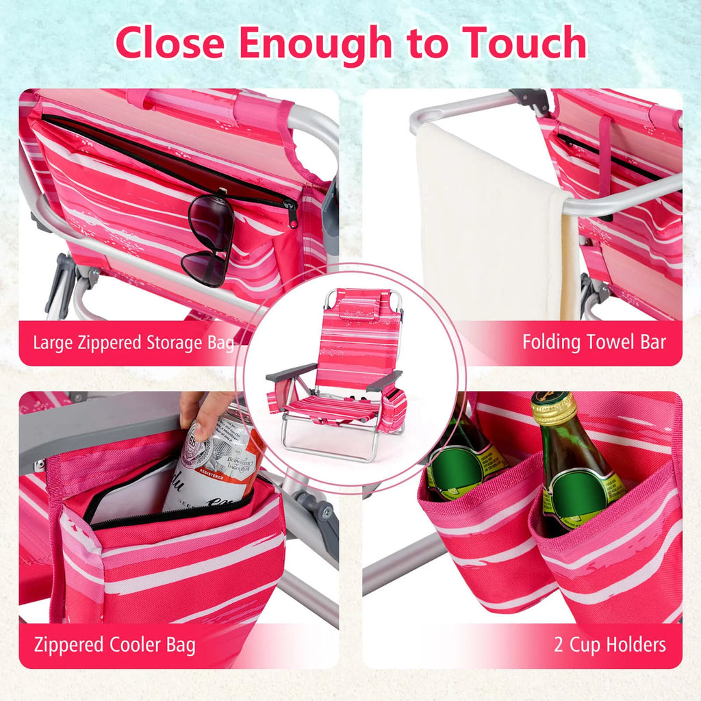 Costway 2-Pack Folding Backpack Beach Chair Table Set 5-Position Outdoor Reclining Chair Pink