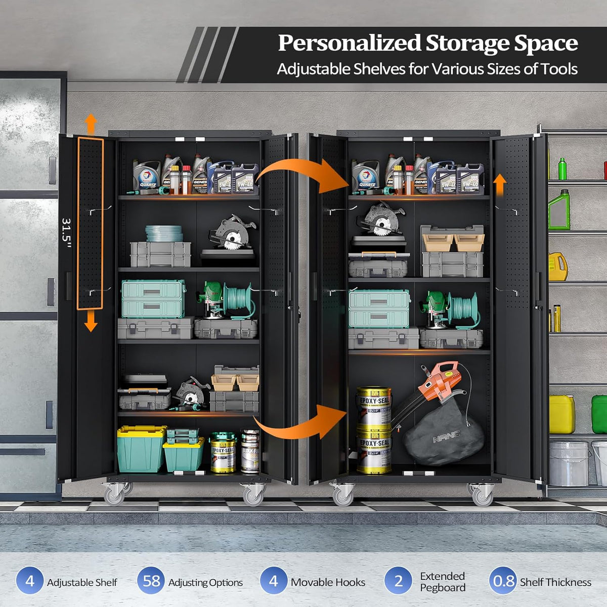 Ktaxon 72''H Garage Storage Cabinet with Pegboards, Metal Storage Cabinet with Wheels, Locking Doors and Adjustable Shelves, Black