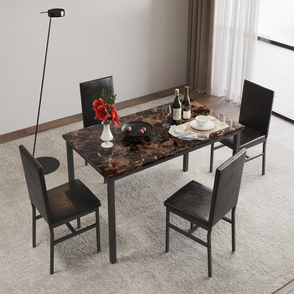 5 Piece Dining Set, Modern Dining Table and Chairs Set for 4, Counter Height Bar Table Set, Modern Pub Table with 4 Velvet Fabric Cushioned Stools, Faux Marble Dining Table & Stools Set, D9297