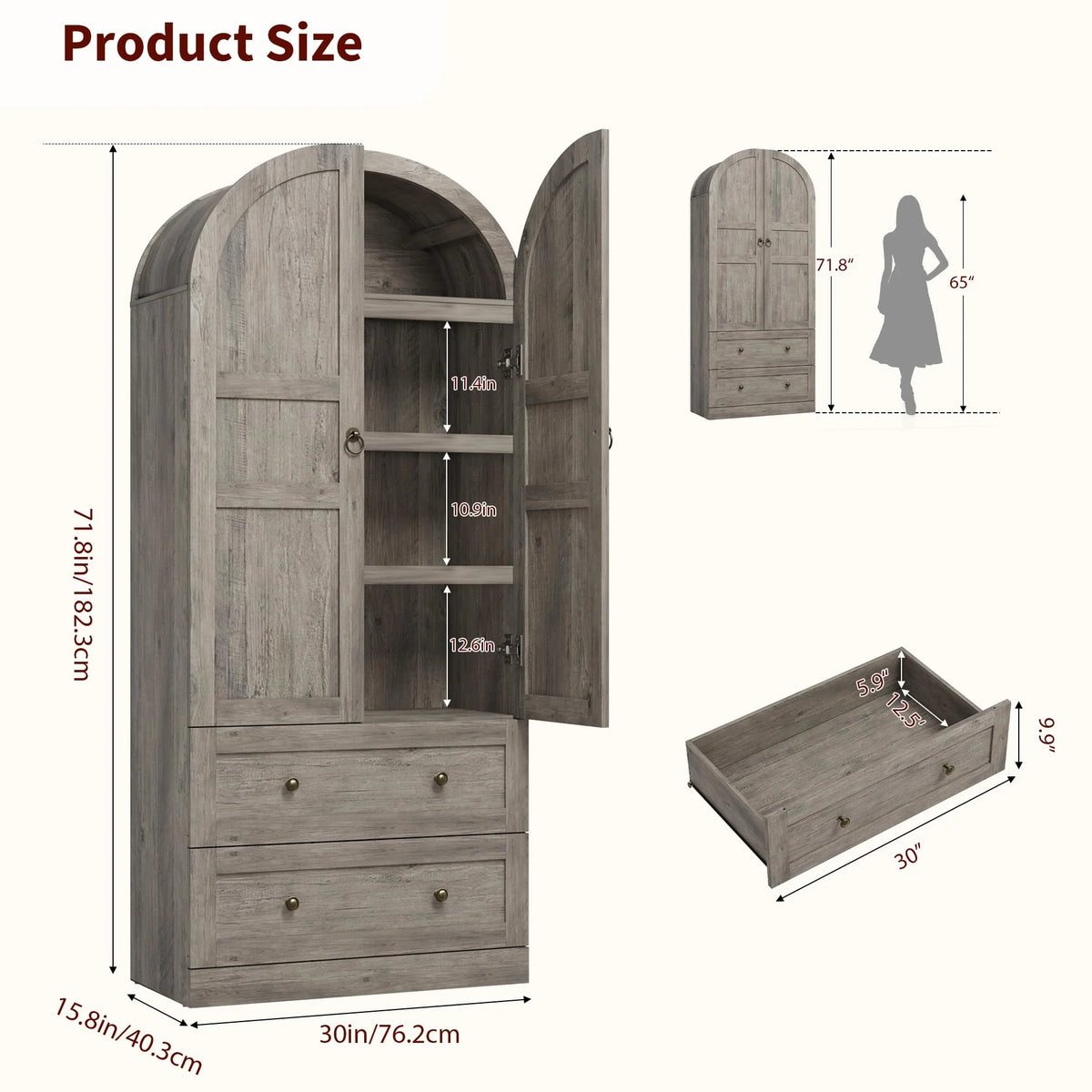 72" Tall Arched Kitchen Pantry Cabinet,Farmhouse Wood Pantry Storage Cabinet with 2 Large Drawers,Glass Door,Freestanding Versatile Pantry Cabinets Kitchens Storage Cabinets for Dining,Living Room
