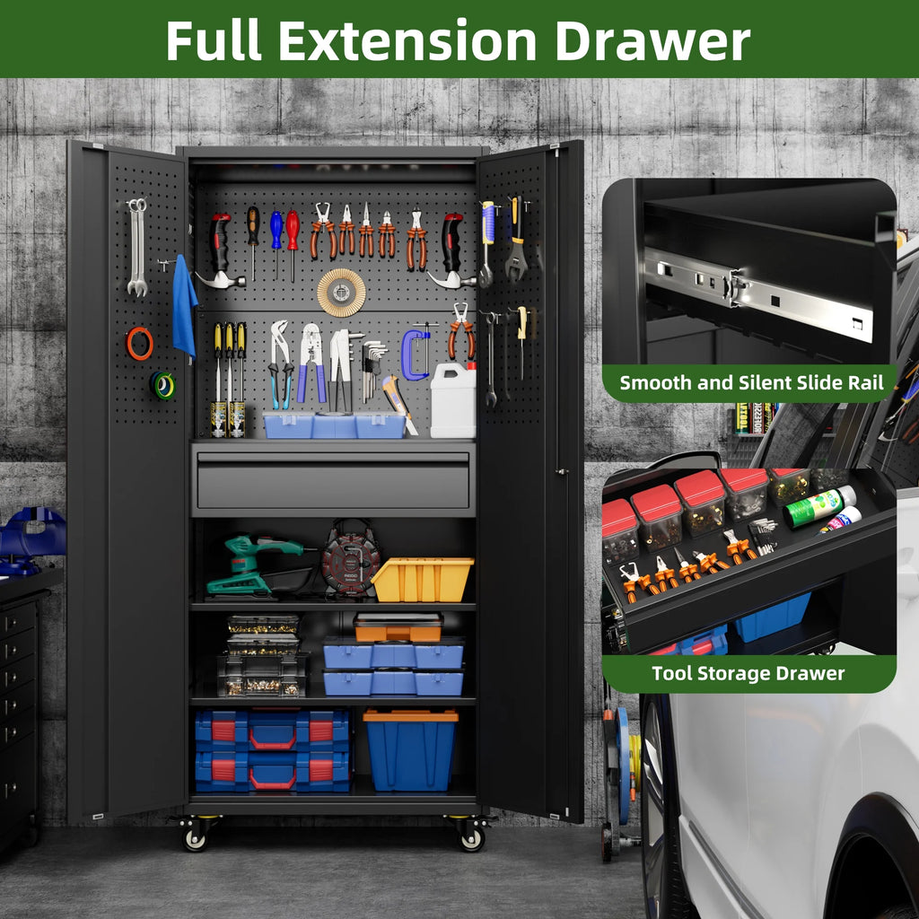 SUPEER 71" Metal Storage Cabinets with Wheels and Pegboards, Industrial Cabinet with 2 Drawers and 2 Adjustable Shelves,, Assembly Required