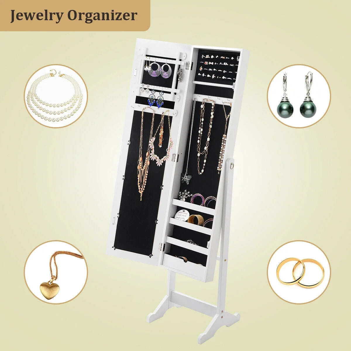 Costway Jewelry Mirrored Cabinet Armoire Organizer Storage Box w/ Stand Christmas Gift