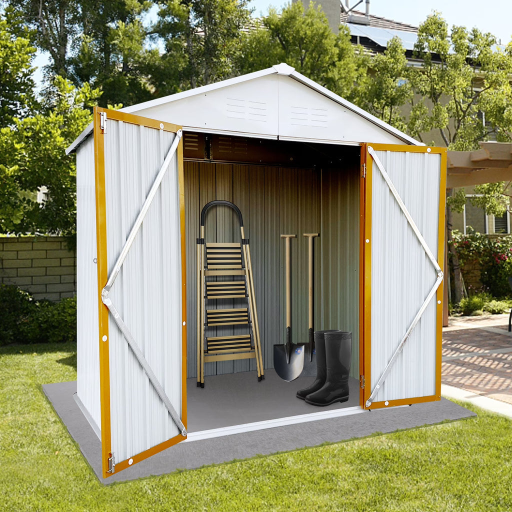 Outdoor Storage Garden Sheds 6FTx4FT Apex Roof Lockable Doors for Backyard White+Yellow