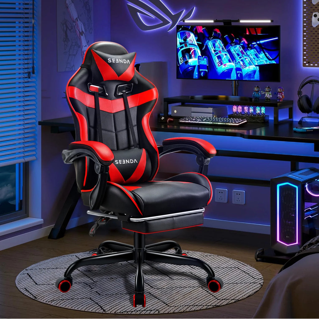 Gaming Chair, Seenda Video Game Chair with Footrest and Lumbar Support, Ergonomic Computer Chair Height Adjustable with Swivel Seat and Headrest, Red