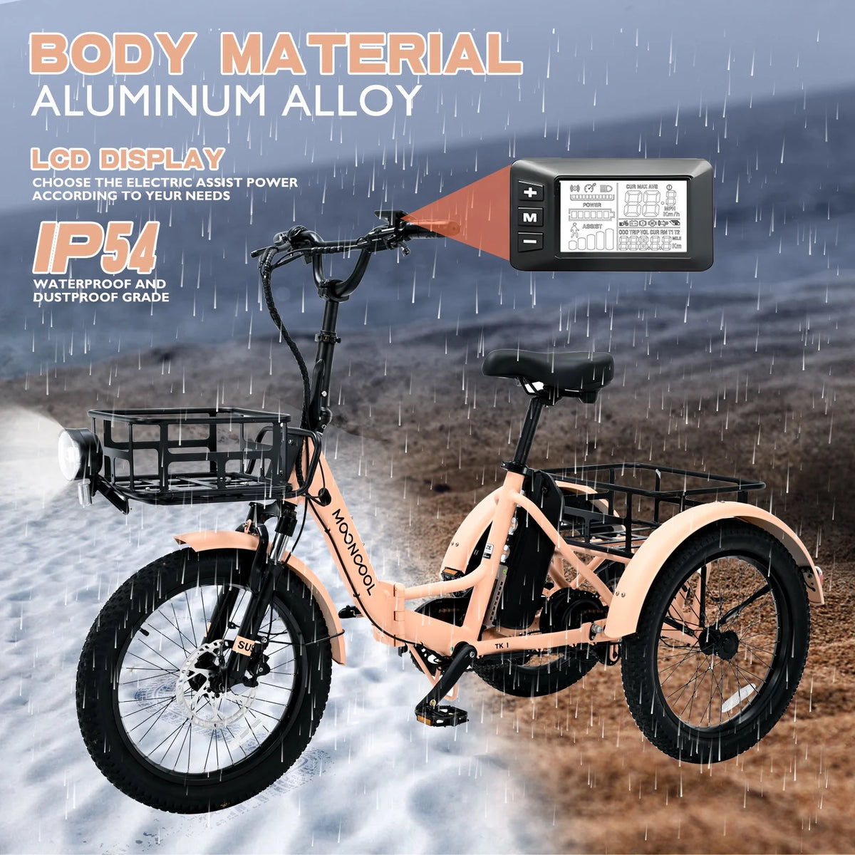 MOONCOOL TK1 Folding Electric Tricycle for Adults,48V 14.5Ah Removable battery, 500W��Peak 1000w��Motor, 20" Fat Tire Step-Thru 3Wheel Electric Bicycle w/Front&Rear Baskets, Certified to UL 2849 by SGS